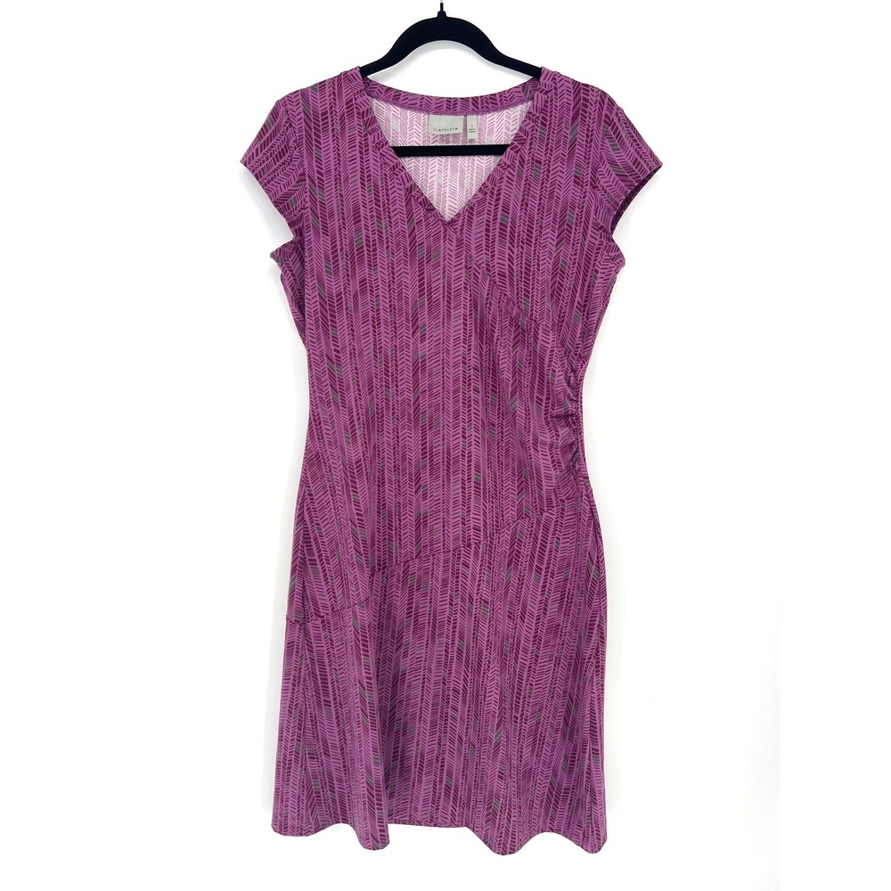 Athleta Purple Chevron Faux Wrap Ruched Cap Sleeve Dress Small Athleisure Casual